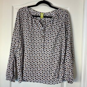 Heart Print Blouse White Brown Viscose Lightweight Size L - Qmack Romantic Layer